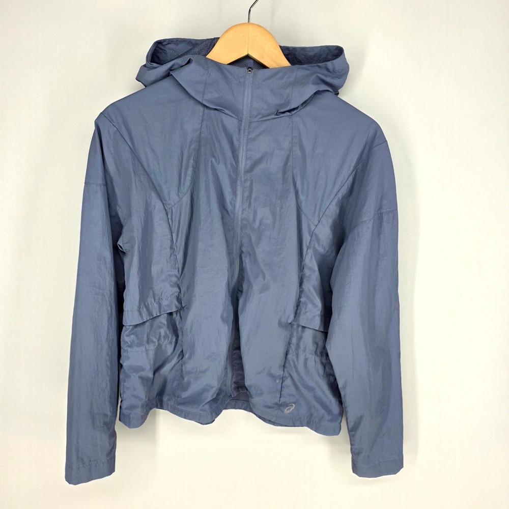 ASICS Windbreaker Jacket Womens Size M Blue Full Zip Hooded Running Activewear